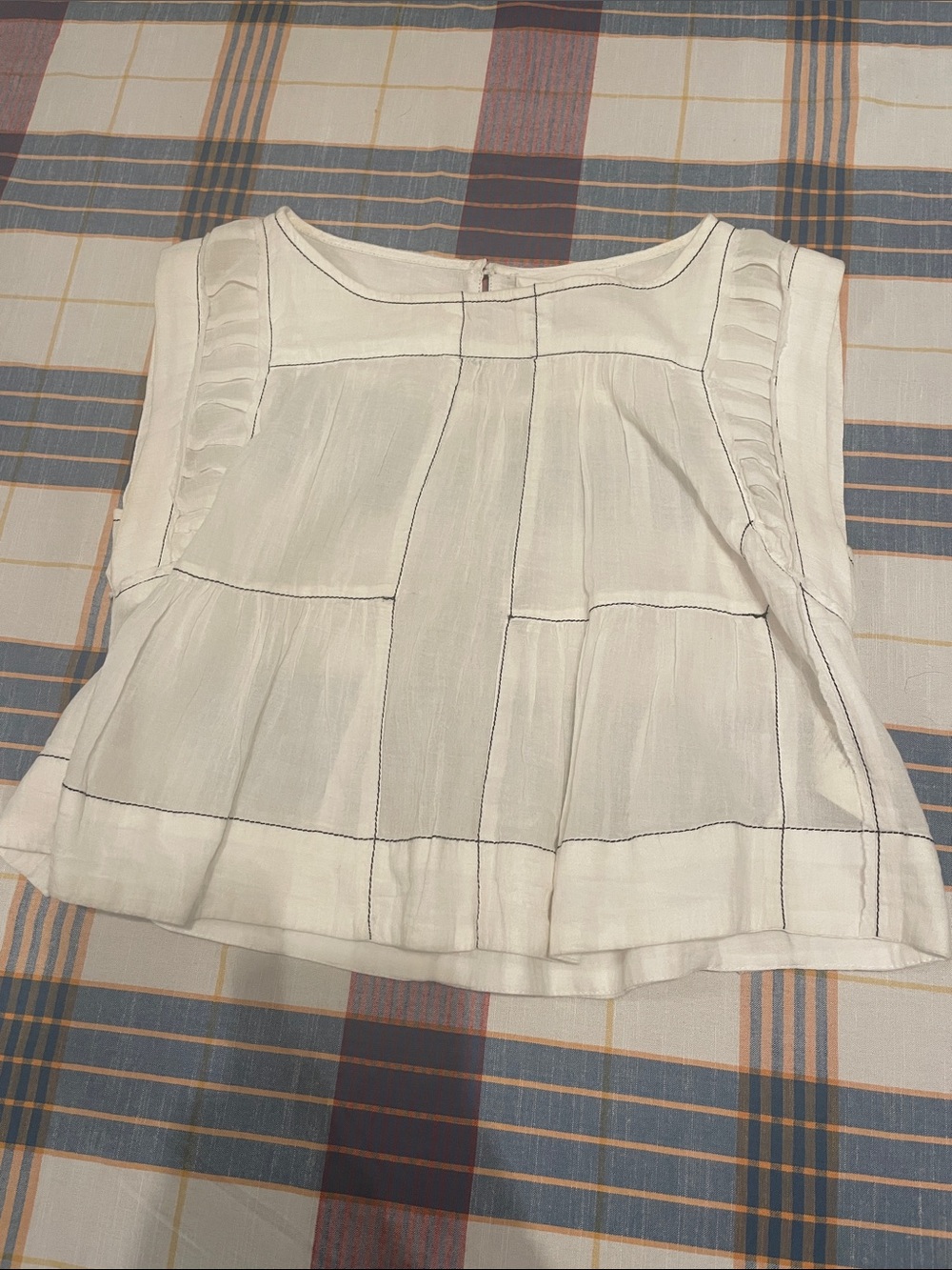 Anthropologie White Sleeveless Boxy Camisole with Black Grid Stitching